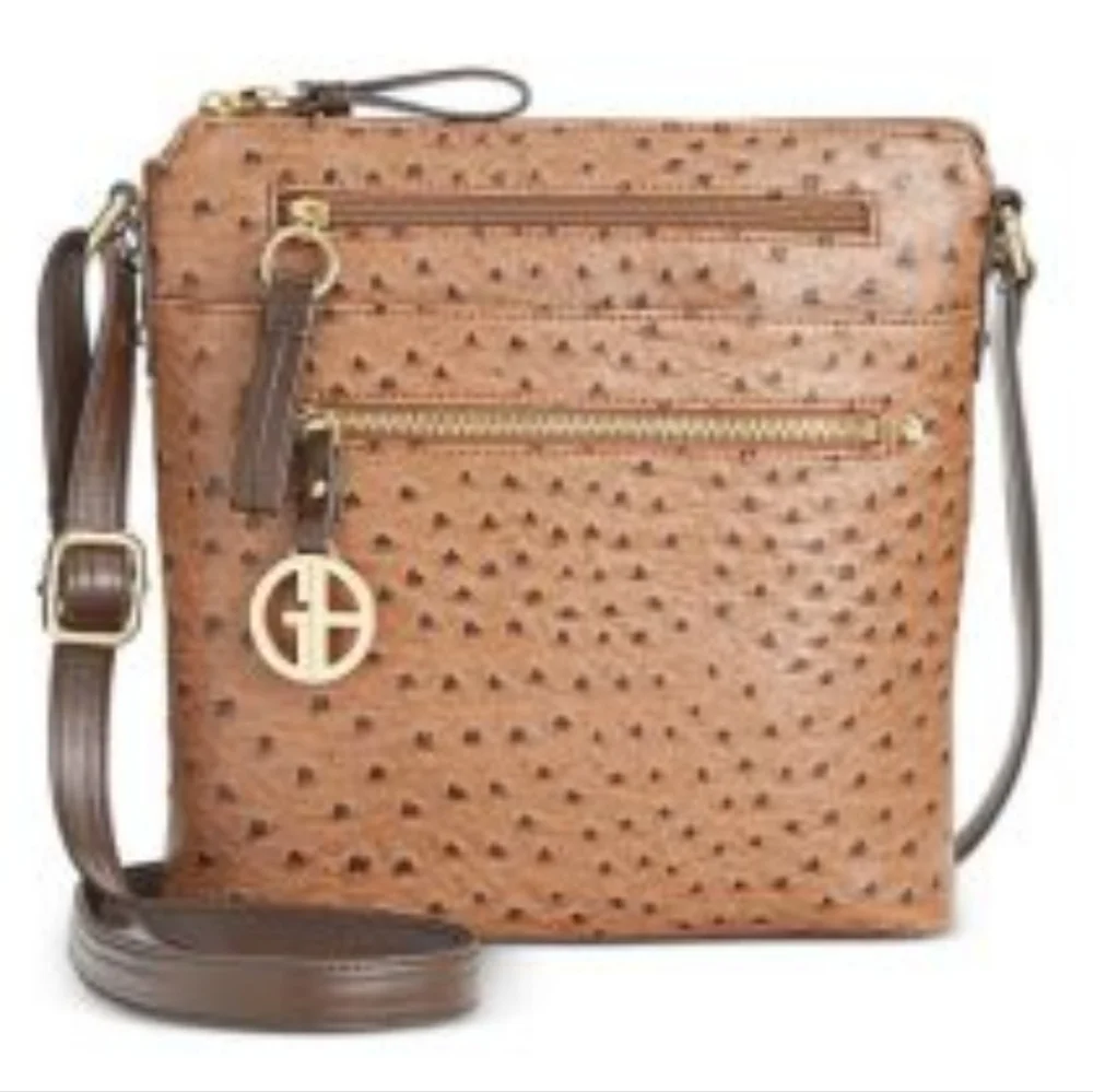 Giani Bernini Designer Embossed Faux Ostrich Crossbody Bag Purse Mocha Gold NWT